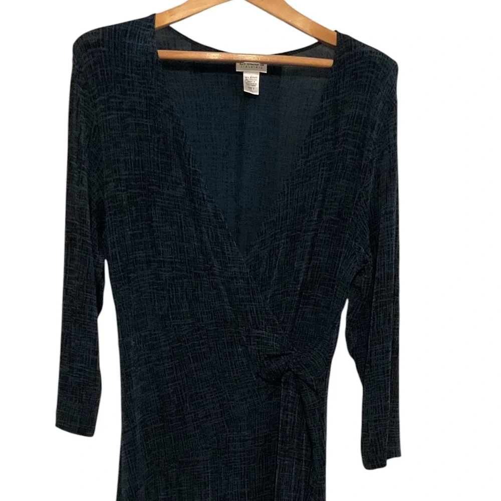 Chicos Travelers Teal Black Faux Wrap Midi Dress 3/4 Sleeve Size 2 Large - Picture 3 of 8